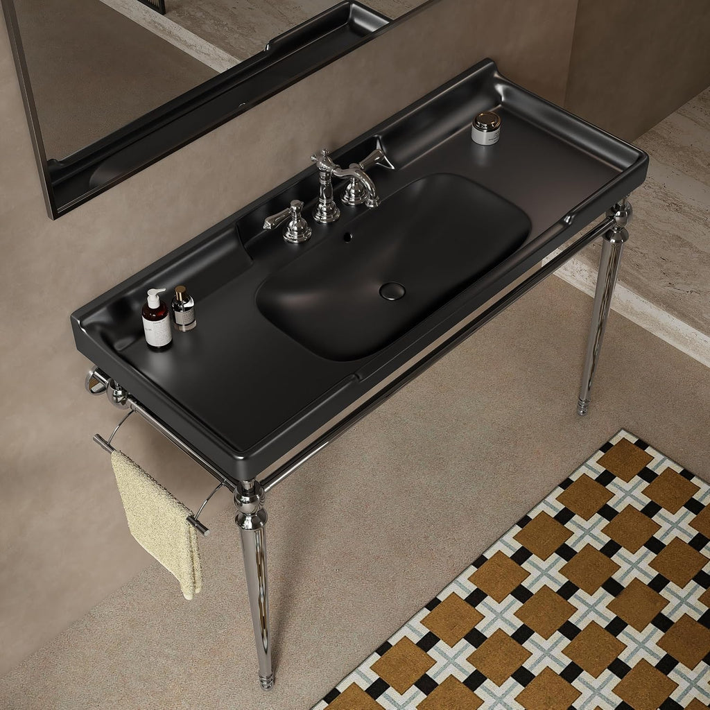 48' Free Standing Bathroom Vanity with Stainless Steel Chrome Supporting Leg and Towel Rack, Black Bathroom Console Sink with 3 Tap Holes, Black