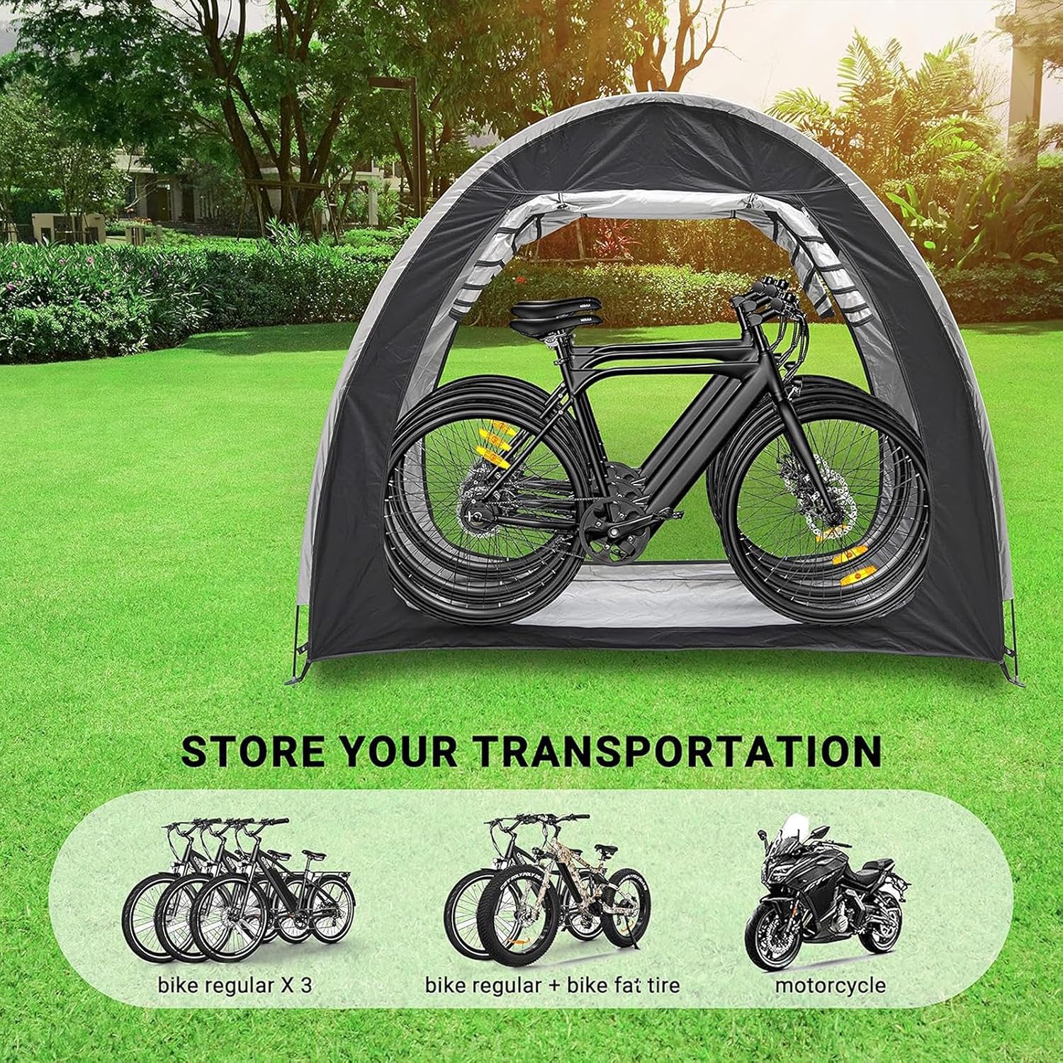 Bike Cover Bicycle Tent Can Be Spliced Outside Storage Sheds with Double Doors for 2-5 Bikes Lawn Mower Storage,Black(Silver)