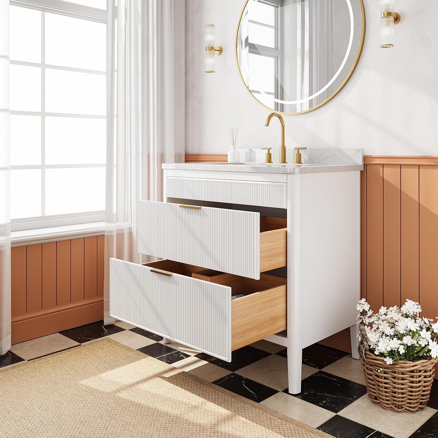 36-Inch Fully Assembled Freestanding Single Sink Bathroom Vanity, 2 Handle Sets (Silver/Gold), Engineered Carrara Marble Top & Solid Rubber Wood, White