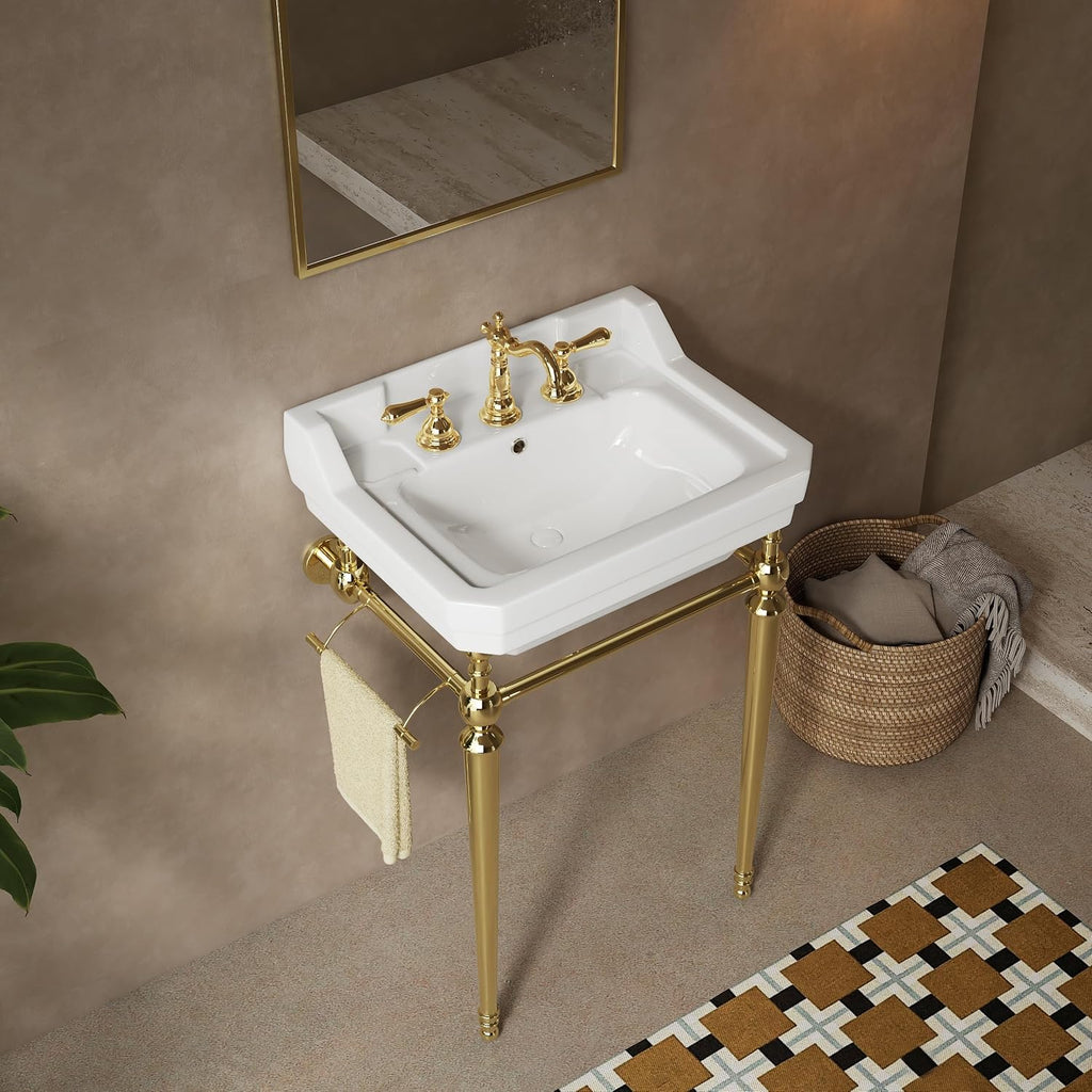 23 inch Console Bathroom Sink, Freestanding Console Sink With Stainless Brushed Gold Legs, Modern Bathroom Vanity with 3 Pre-drilled Faucet Holes, White Ceramic Basin