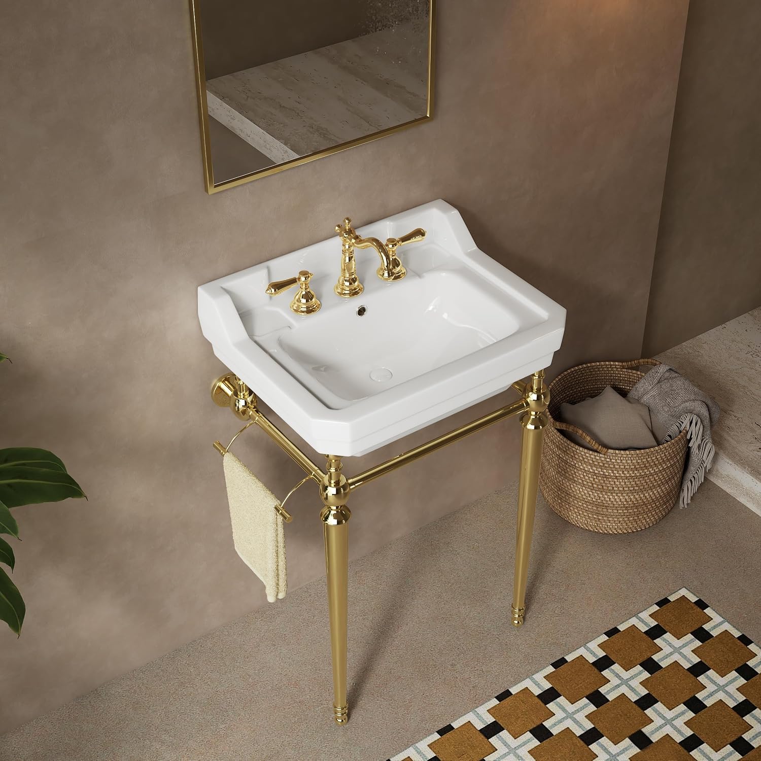 23 inch Console Bathroom Sink, Freestanding Console Sink With Stainless Brushed Gold Legs, Modern Bathroom Vanity with 3 Pre-drilled Faucet Holes, White Ceramic Basin