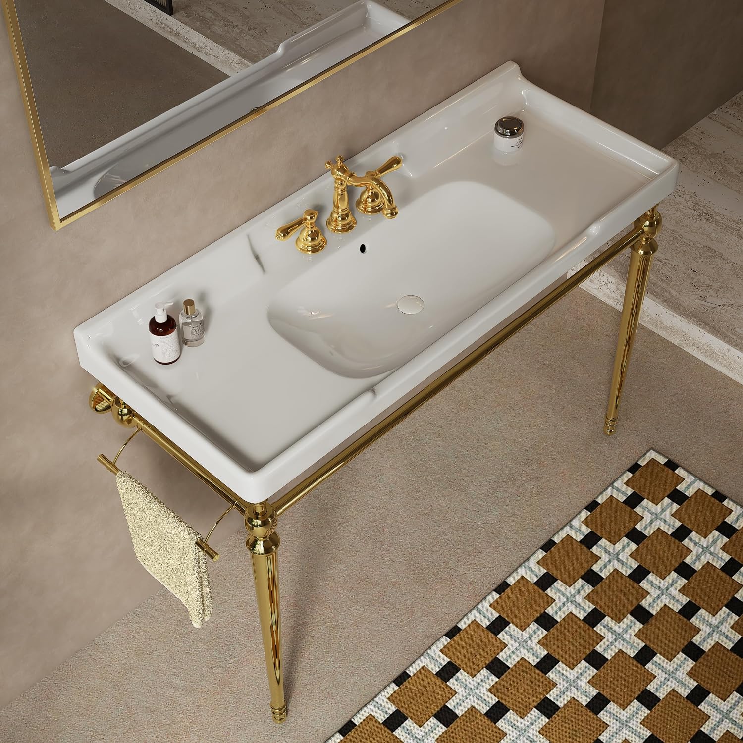 48' Console Bathroom Sink, Freestanding Console Sink With Stainless Brushed Gold Legs, Modern Bathroom Vanity with 3 Tap Holes, White Ceramic Basin