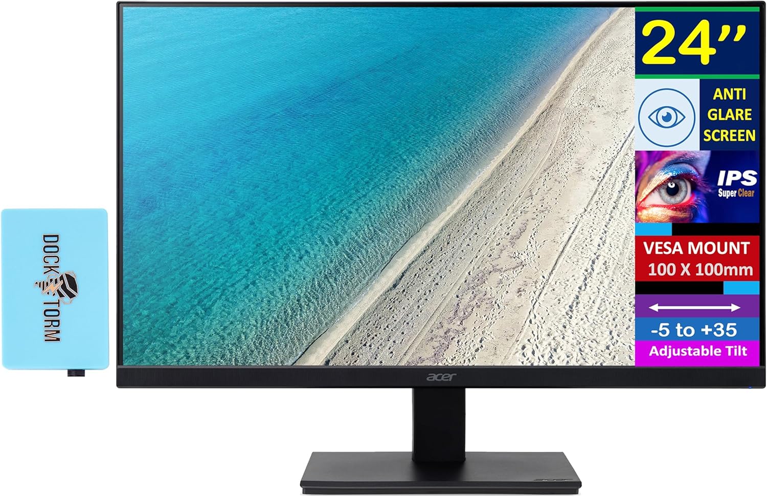 acer 24' FHD IPS Monitor with 4 ms Response Time, Anti-Glare, Adaptive Sync, Integrated Speakers, VESA Mount (100x100mm) & DKZ USB Port Expander, VGA, HDMI, Black Color