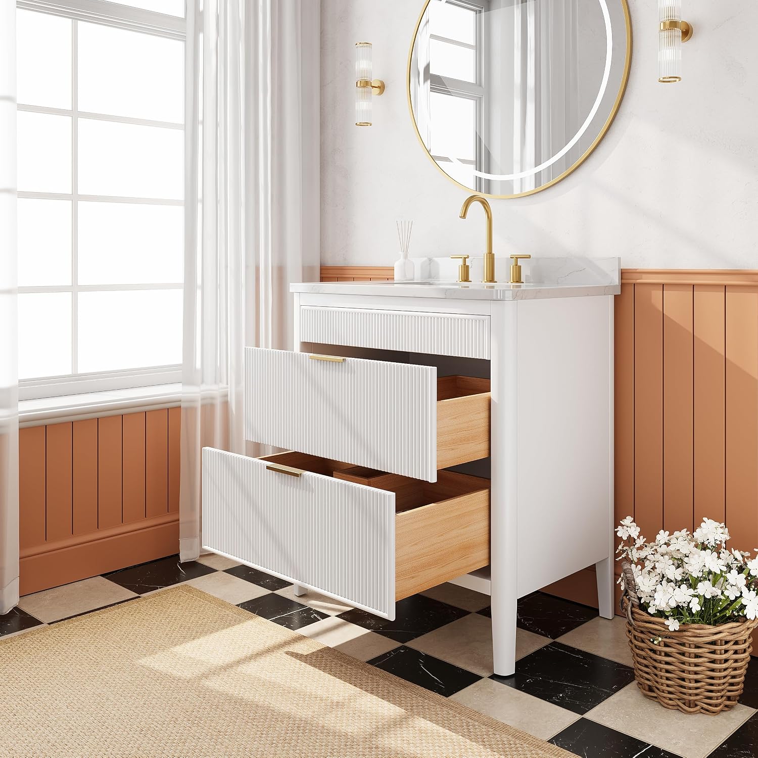 30-Inch Fully Assembled Freestanding Single Sink Bathroom Vanity, Solid Rubber Wood Cabinet with Engineered Carrara Marble Top & Backsplash, White