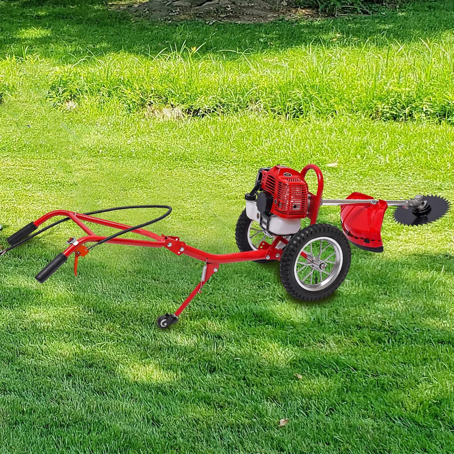 49cc Gas Powered Hand Push Lawn Mower 2-Stroke Walk Behind String Trimmer 2.5hp 7000r/min Lawn Mower Walk Behind Brush Cutter with Air-Cooled 3-in-1 Gasoline Engine for Home Garden Yard