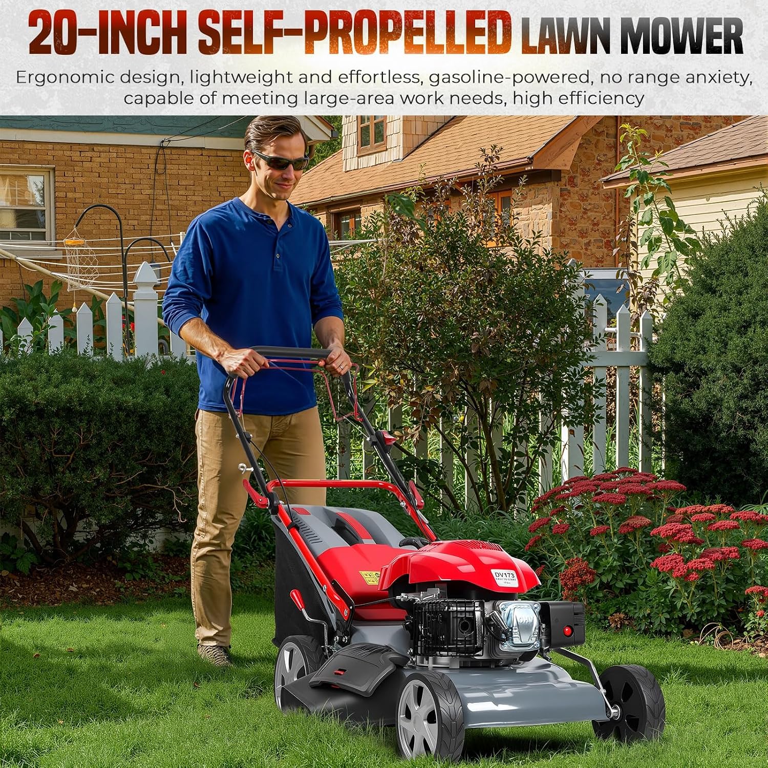 20-Inch Self Propelled Lawn Mower,Heavy Duty 173cc Engine with 60L Large Grass Catcher, 3-in-1 Function,Self Propelled Rear Wheel Drive for Hills & Uneven Yards Red