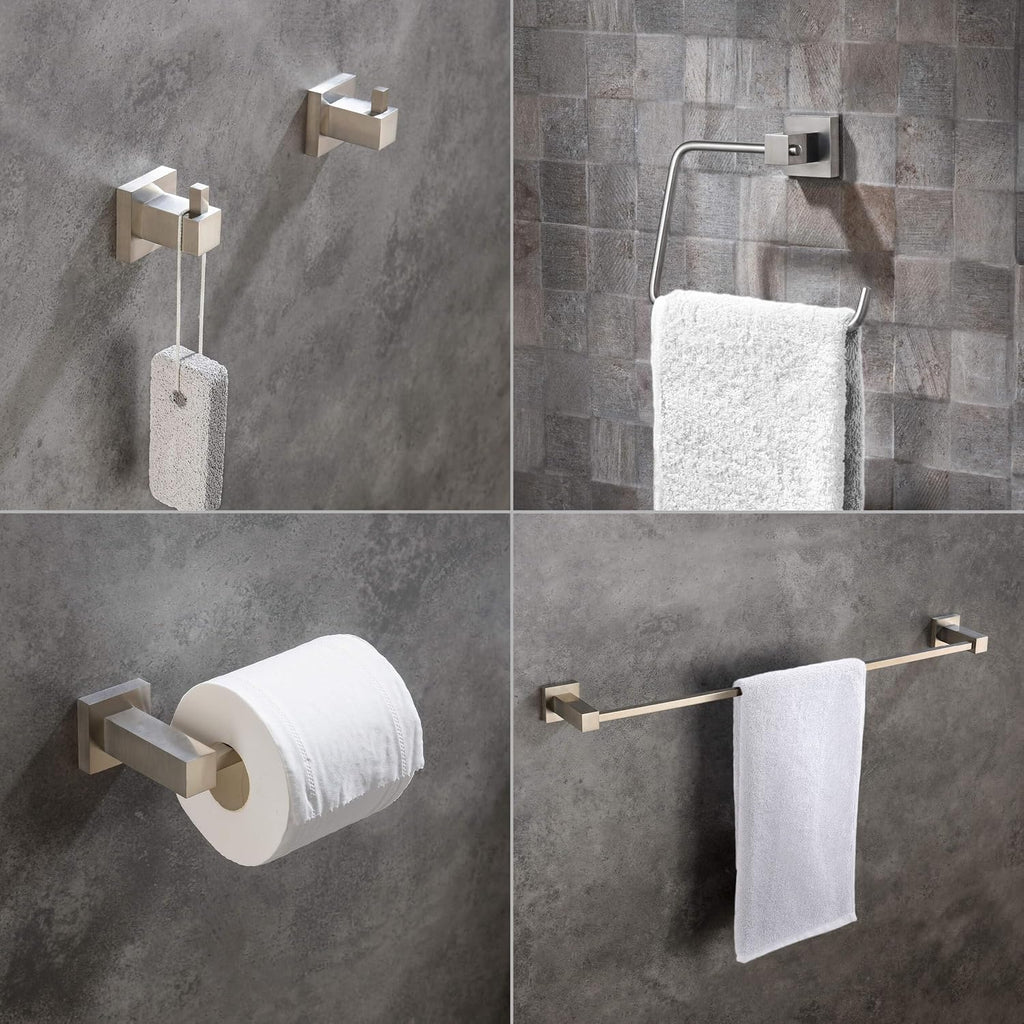 KIBI Cube 5-Piece Brushed Nickel Bathroom Hardware Set – Bath Accessories Kit, Premium Brass, Includes Towel Bar, Towel Ring, Toilet Paper Holder, Robe Hook & Towel Hook for Bathroom Wall, C-KBA15-5-1