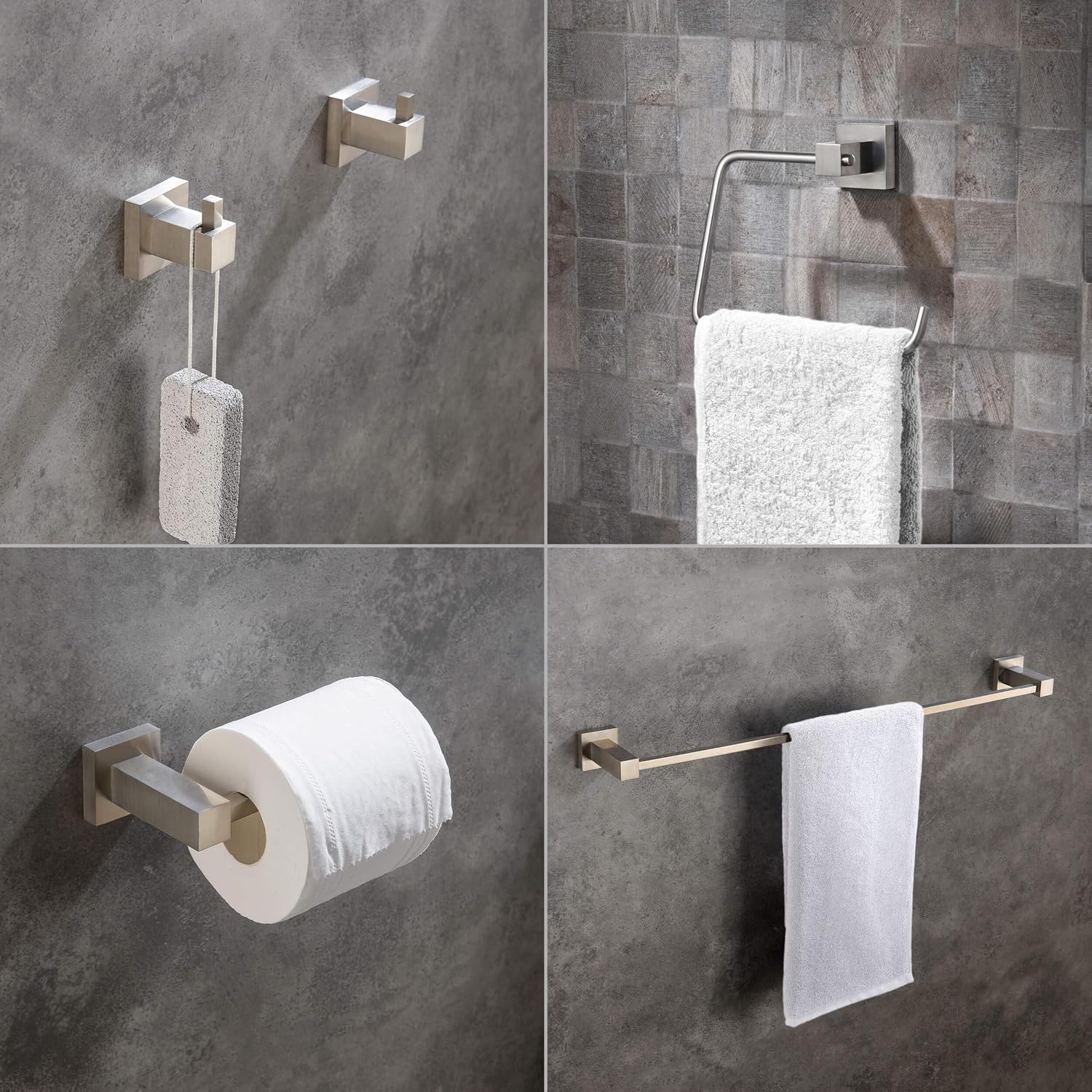 KIBI Cube 5-Piece Brushed Nickel Bathroom Hardware Set – Bath Accessories Kit, Premium Brass, Includes Towel Bar, Towel Ring, Toilet Paper Holder, Robe Hook & Towel Hook for Bathroom Wall, C-KBA15-5-1