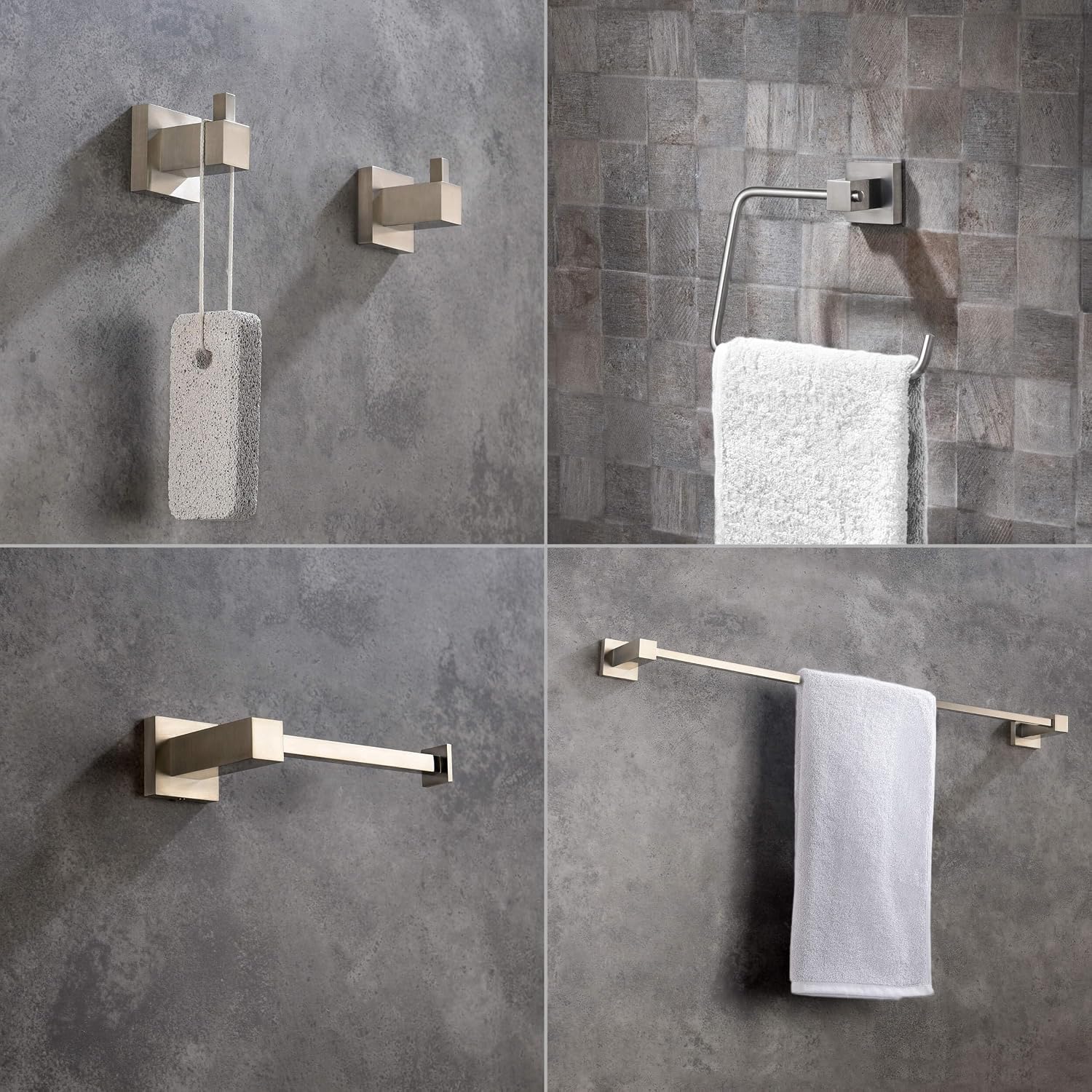 KIBI Cube 5-Piece Brushed Nickel Bathroom Hardware Set – Bath Accessories Kit, Premium Brass, Includes Towel Bar, Towel Ring, Toilet Paper Holder, Robe Hook & Towel Hook for Bathroom Wall, C-KBA15-5-1