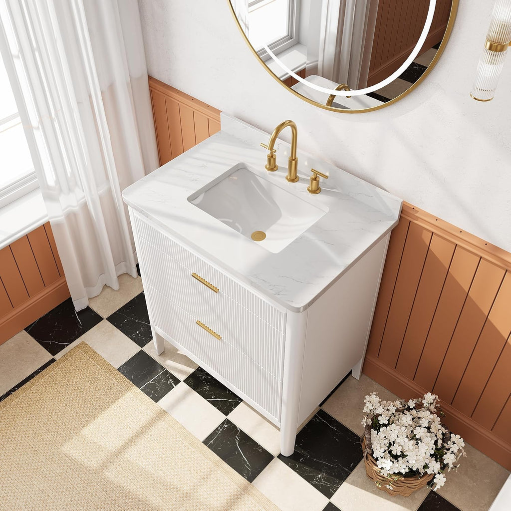 30-Inch Fully Assembled Freestanding Single Sink Bathroom Vanity, Solid Rubber Wood Cabinet with Engineered Carrara Marble Top & Backsplash, White