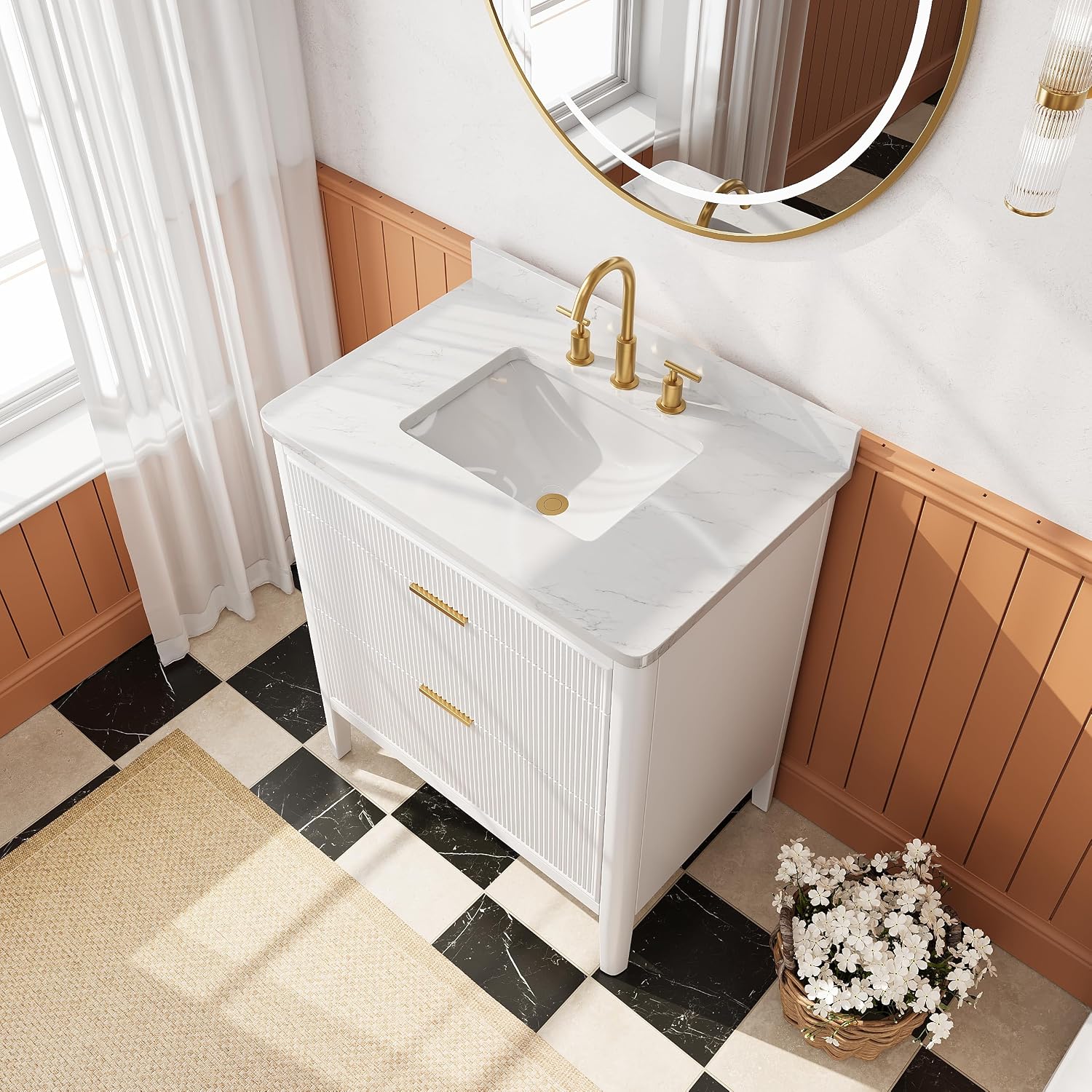 30-Inch Fully Assembled Freestanding Single Sink Bathroom Vanity, Solid Rubber Wood Cabinet with Engineered Carrara Marble Top & Backsplash, White
