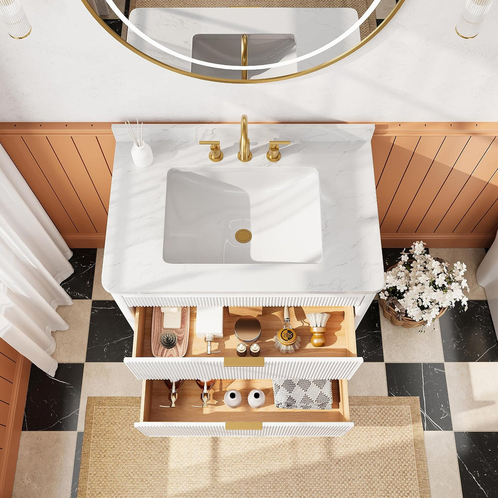 36-Inch Fully Assembled Freestanding Single Sink Bathroom Vanity, 2 Handle Sets (Silver/Gold), Engineered Carrara Marble Top & Solid Rubber Wood, White