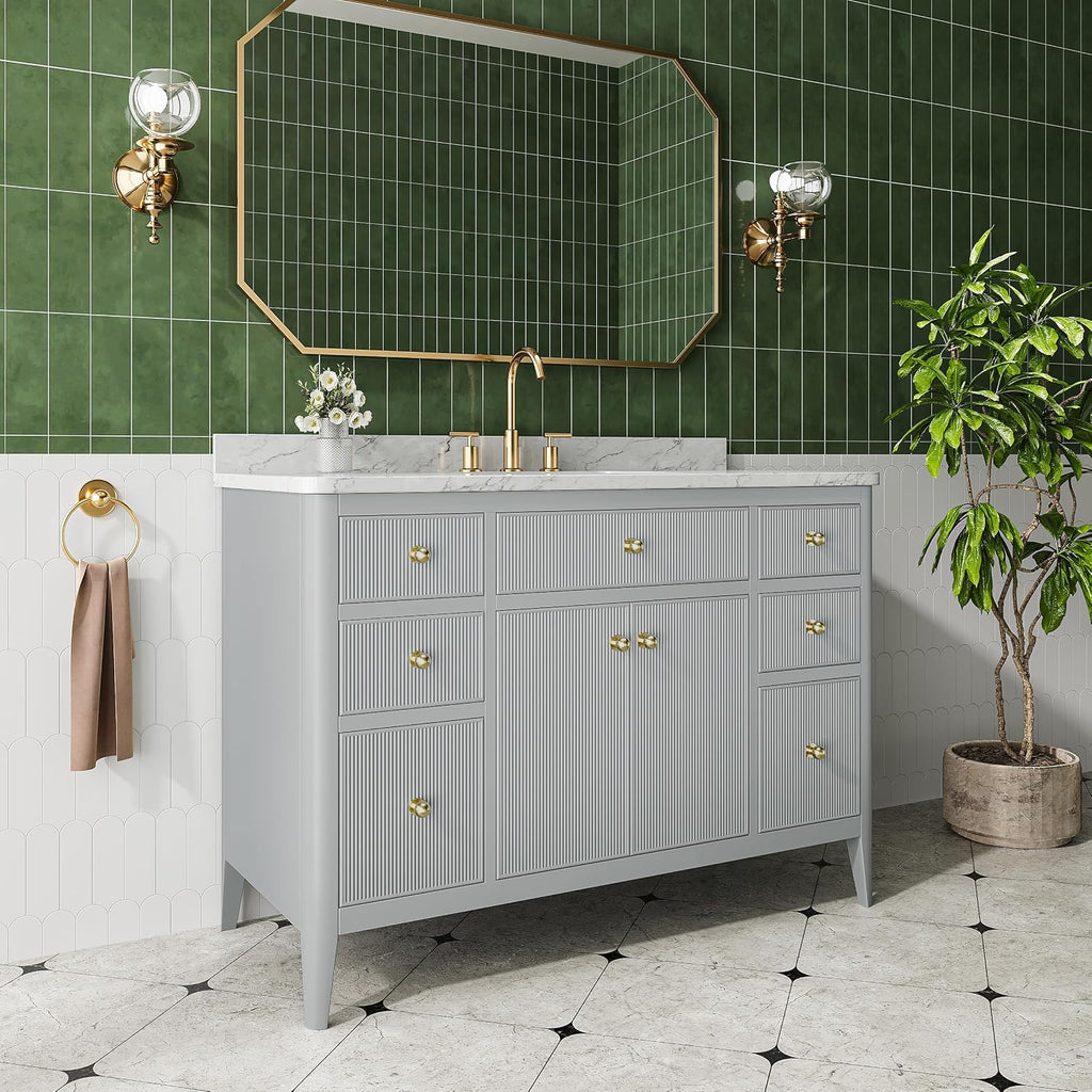 48' Grey American Design Bathroom Vanity with Engineered Marble Top - Solid Rubber Wood, 6 Drawers, 2 Soft Close Doors, White Square Sink - Freestanding Single Sink, Light Grey