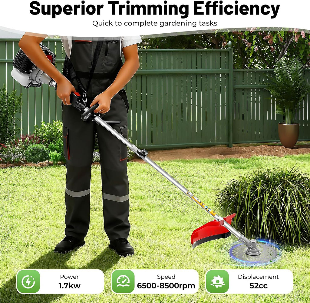 52CC Gas String Trimmer, 5 in 1 Gas Weed Eater, 2-Stroke Brush Cutter Straight Shaft Weed Eater, Gas Weed Wacker Trimmer for Weeds and Grass