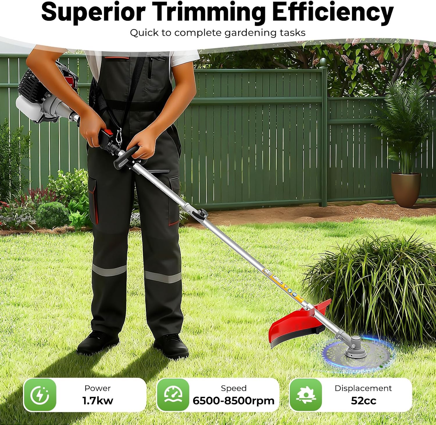 52CC Gas String Trimmer, 5 in 1 Gas Weed Eater, 2-Stroke Brush Cutter Straight Shaft Weed Eater, Gas Weed Wacker Trimmer for Weeds and Grass