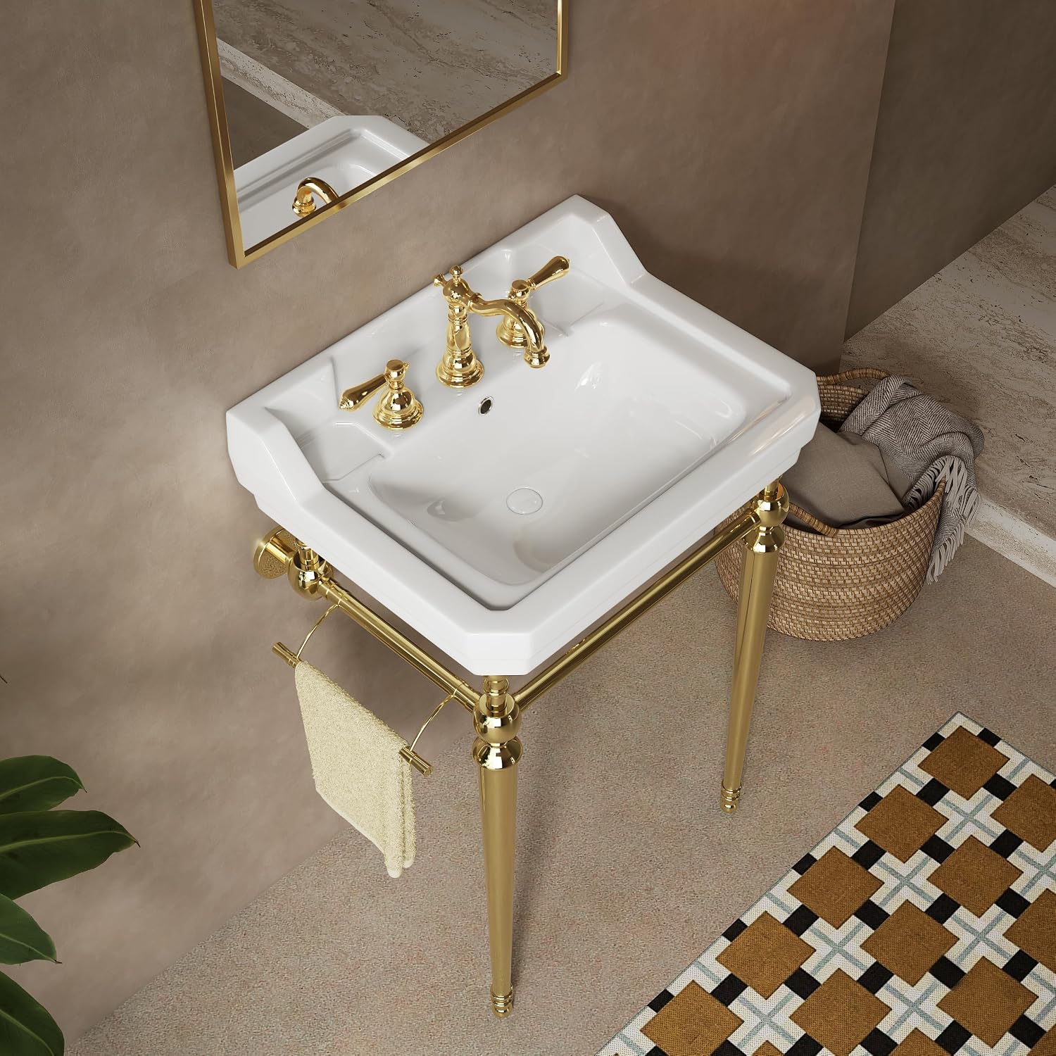 23 inch Console Bathroom Sink, Freestanding Console Sink With Stainless Brushed Gold Legs, Modern Bathroom Vanity with 3 Pre-drilled Faucet Holes, White Ceramic Basin