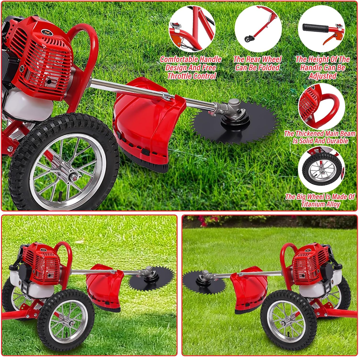 Weed Wacker, 2 Stroke 49 CC Gasoline Weed Eater, 6500-7000R/Min Hand Push Weed Wacker, 0.95L Small Weedwacker, can Folded Rear Wheel, for Mountains, Hills, Plains, Orchards Etc
