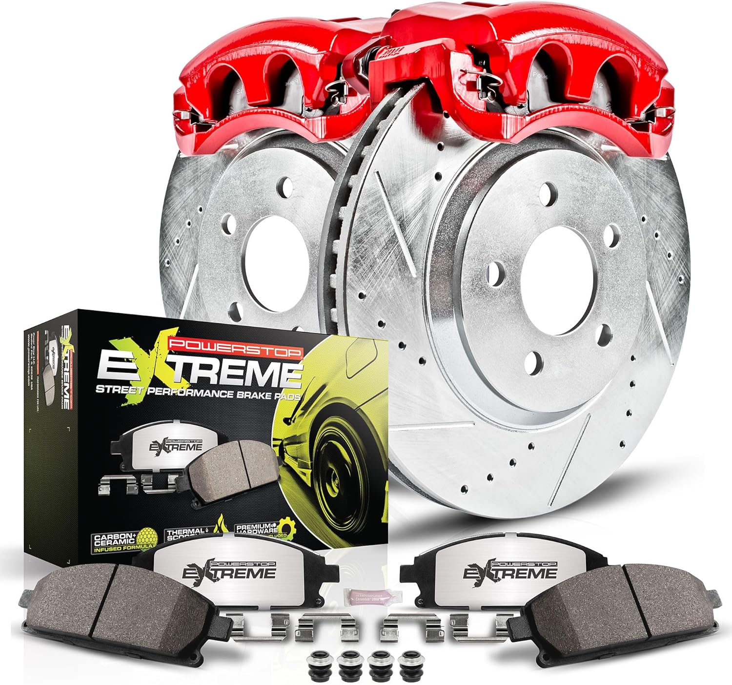 PowerStop Front Brake & Caliper Kit for Subaru Impreza 2005-14 | Subaru WRX STI 2015-17 - Drilled & Slotted Disc Rotors + Carbon-Fiber Ceramic Brake Pads + Red-Powder Coated Calipers, KC131-26
