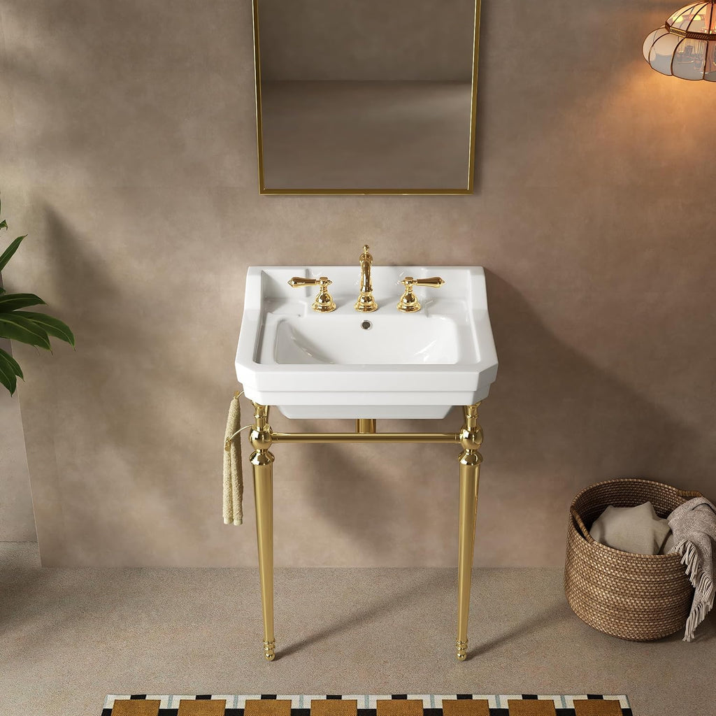 23 inch Console Bathroom Sink, Freestanding Console Sink With Stainless Brushed Gold Legs, Modern Bathroom Vanity with 3 Pre-drilled Faucet Holes, White Ceramic Basin