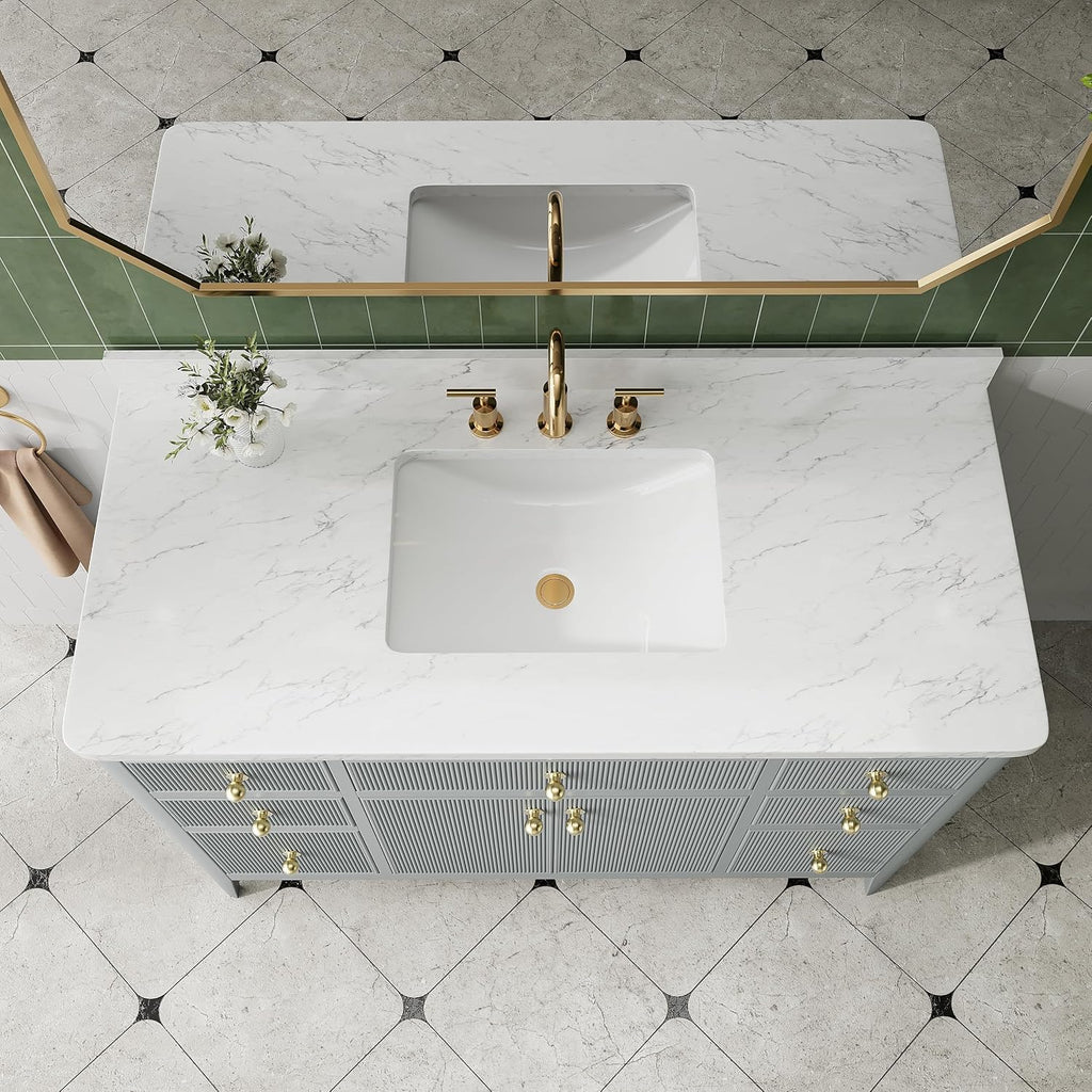 48' Grey American Design Bathroom Vanity with Engineered Marble Top - Solid Rubber Wood, 6 Drawers, 2 Soft Close Doors, White Square Sink - Freestanding Single Sink, Light Grey