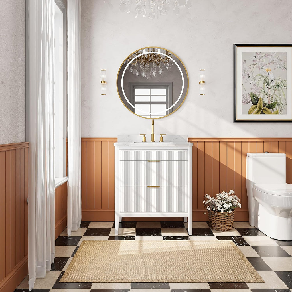 30-Inch Fully Assembled Freestanding Single Sink Bathroom Vanity, Solid Rubber Wood Cabinet with Engineered Carrara Marble Top & Backsplash, White