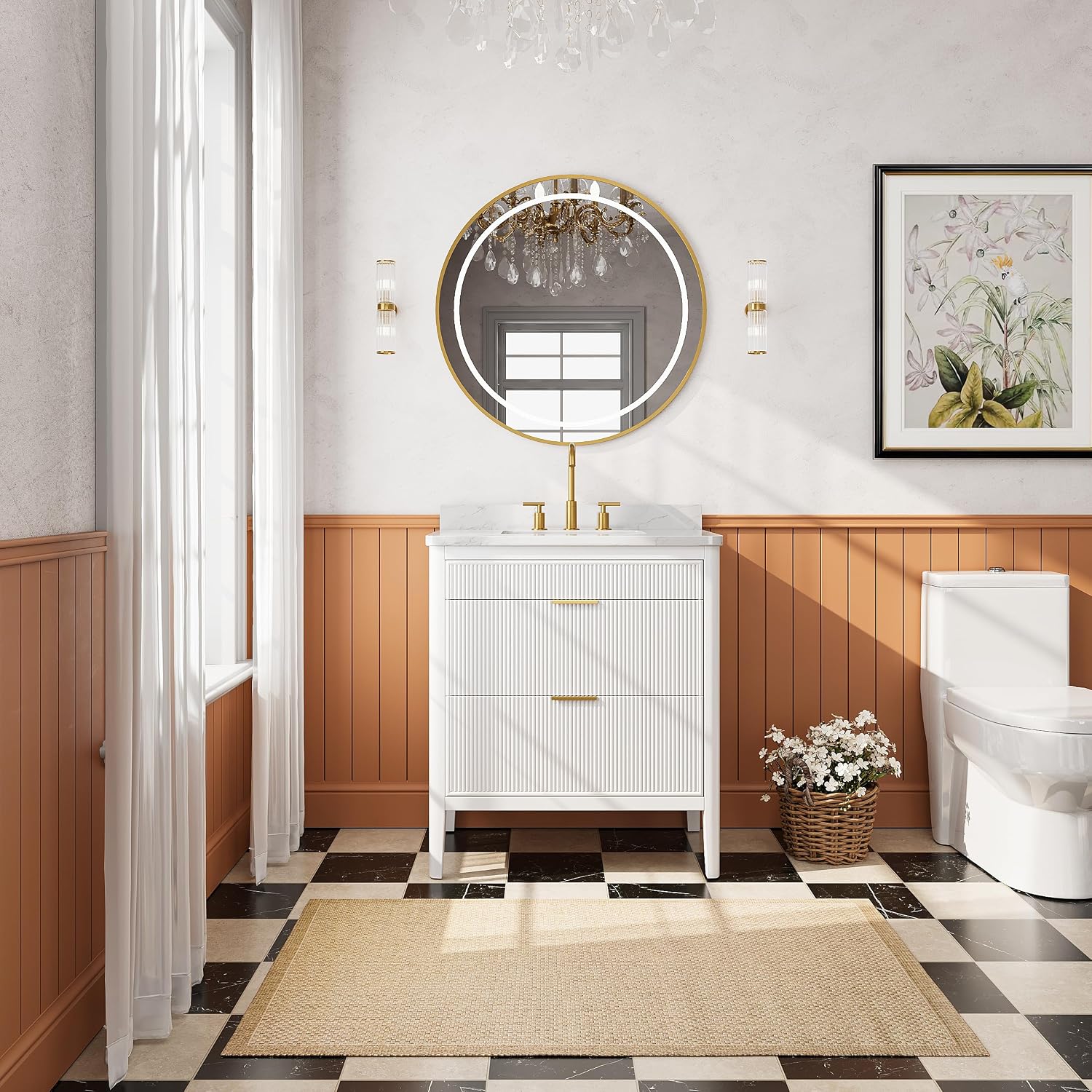 30-Inch Fully Assembled Freestanding Single Sink Bathroom Vanity, Solid Rubber Wood Cabinet with Engineered Carrara Marble Top & Backsplash, White