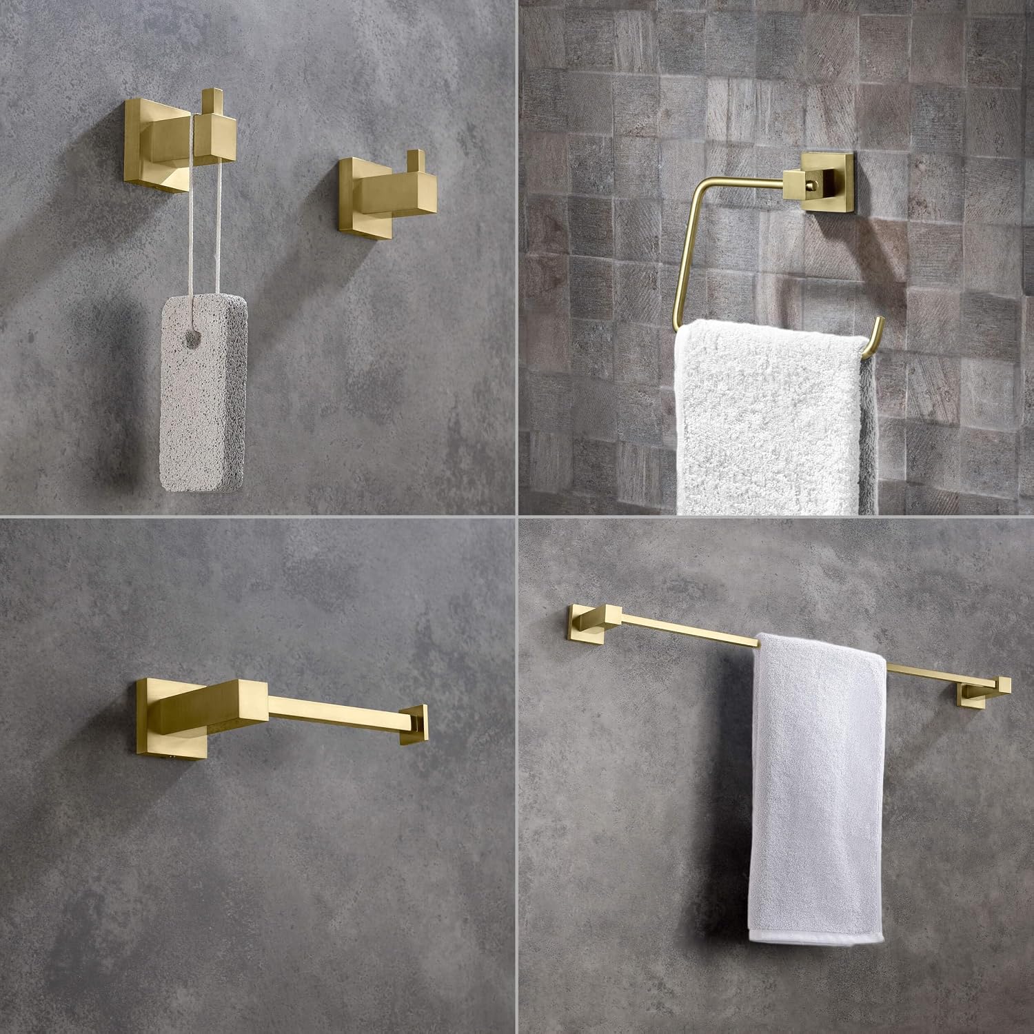 KIBI Cube 5-Piece Bathroom Hardware Set – Wall Mounted Bath Accessories Kit, Premium Brass, Includes Towel Bar, Towel Ring, Toilet Paper Holder, Robe Hook & Towel Hook (Brushed Gold, C-KBA15-5-1)