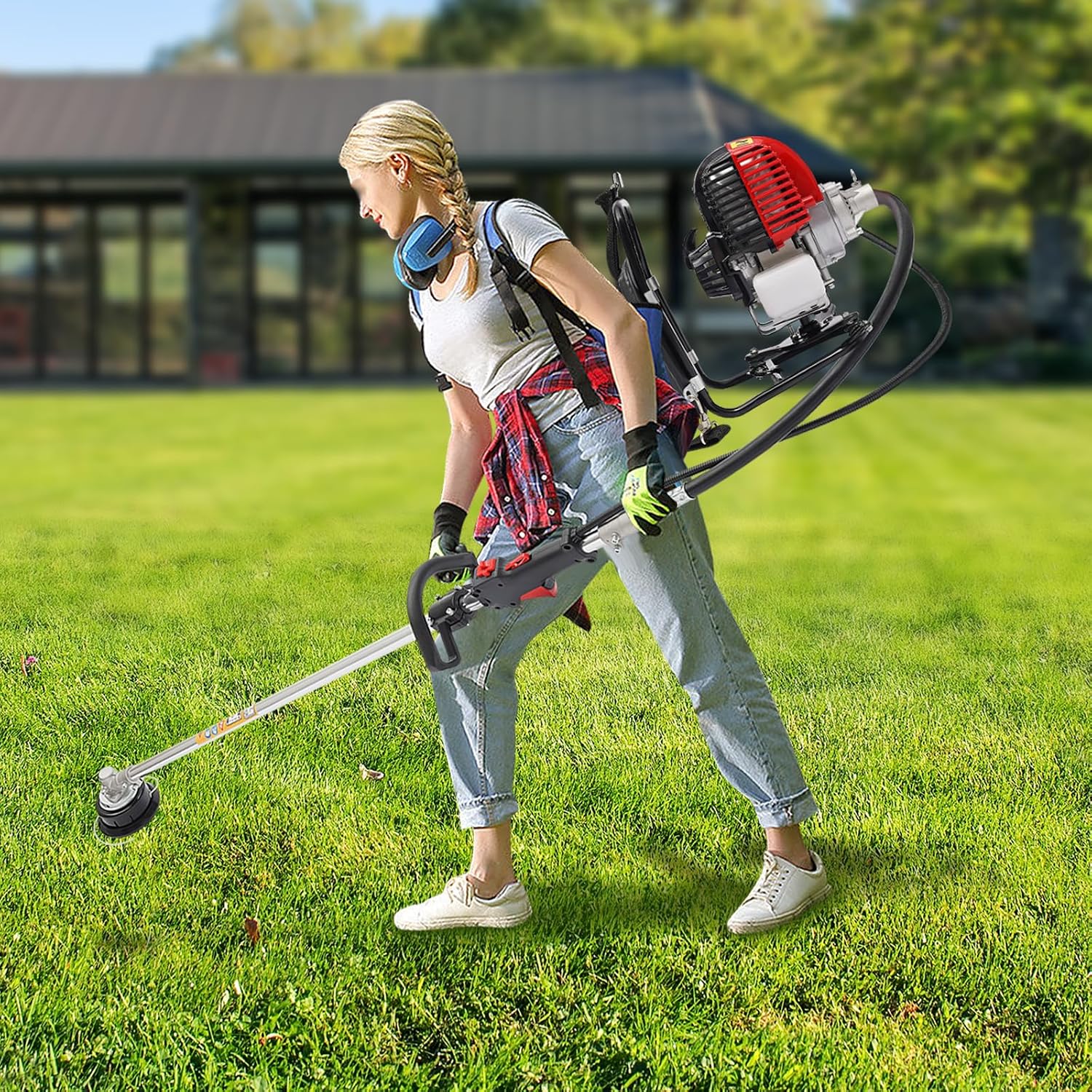 Brush Cutter Gas Powered 2 in 1 Backpack 4 Stroke Weed Wacker 31CC 750W Cordless Air Cooling Single Cylinder Gasoline Powered Tiller Grass Hedge Trimmer Lawn Mower, 8500RPM