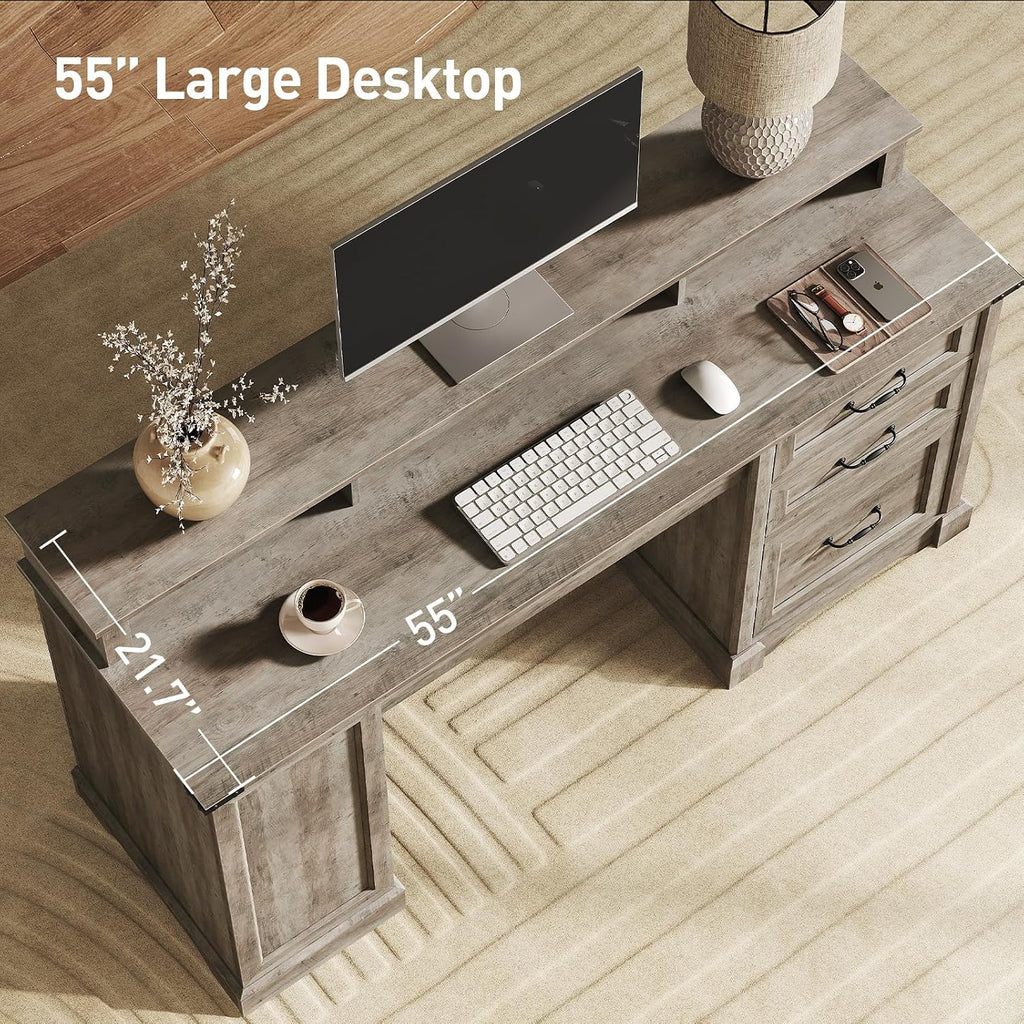 RALGEND 55'' Farmhouse Executive Desk with Drawers, Home Office Desk with File Cabinet and Storage Shelf, Charging Station, Computer Desk with Monitor Stand, Writing Gaming Desk, Greige