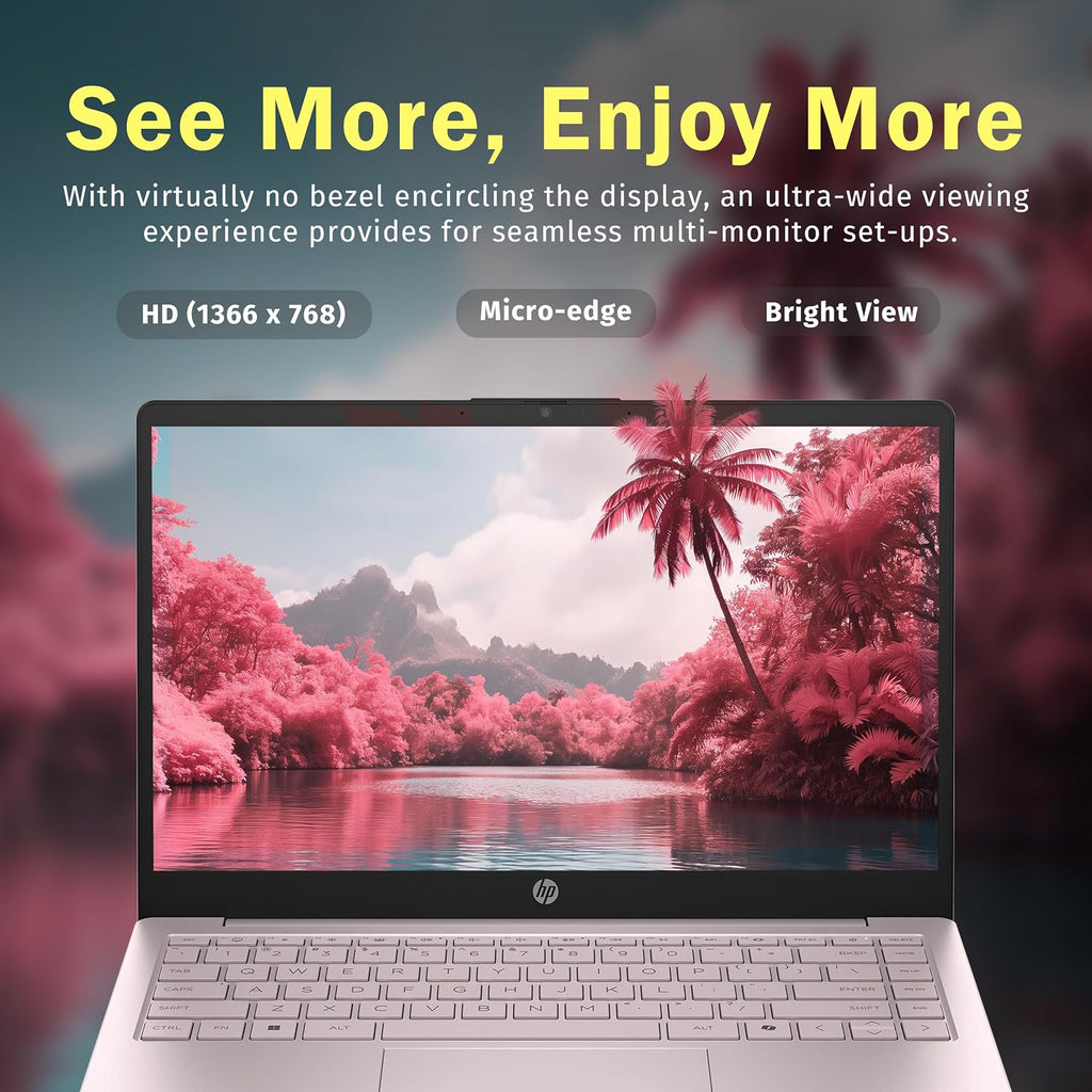 HP Stream 14' HD BrightView Laptop, Intel Celeron N150, 16GB RAM, 288GB Storage (128GB eMMC + 160GB Docking Station Set), Intel UHD Graphics, 720p Webcam, Wi-Fi, 1 Year Office 365, Win 11 S, Pink