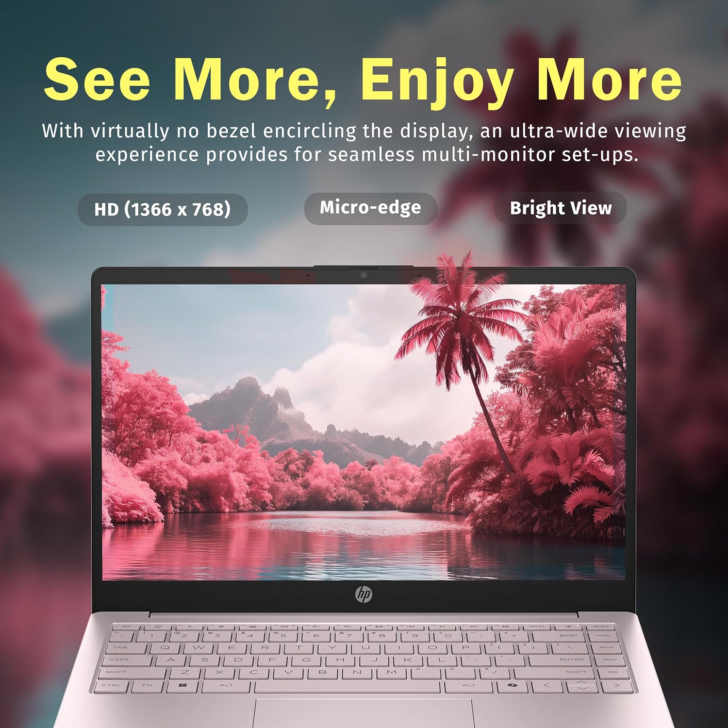 HP Stream 14' HD BrightView Laptop, Intel Celeron N150, 16GB RAM, 288GB Storage (128GB eMMC + 160GB Docking Station Set), Intel UHD Graphics, 720p Webcam, Wi-Fi, 1 Year Office 365, Win 11 S, Pink