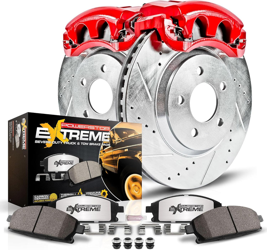 PowerStop Front Brake & Caliper Kit for Ford Bronco 1994-96 | Ford F-150 1994-96 - Drilled & Slotted Disc Rotors + Z36 Brake Pads + Red-Powder Coated Calipers, KC5067-36