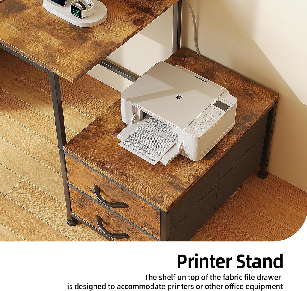 52 Inch Office Desk with 6 Drawers and Printer Space for Storage, Reversible Computer Desk with Monitor Stand & Power Outlets, Home Office Desks, Vintage