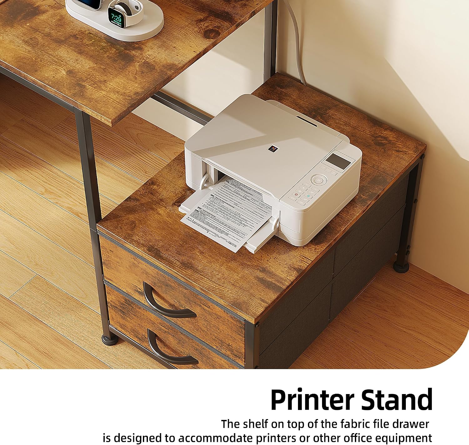 52 Inch Office Desk with 6 Drawers and Printer Space for Storage, Reversible Computer Desk with Monitor Stand & Power Outlets, Home Office Desks, Vintage