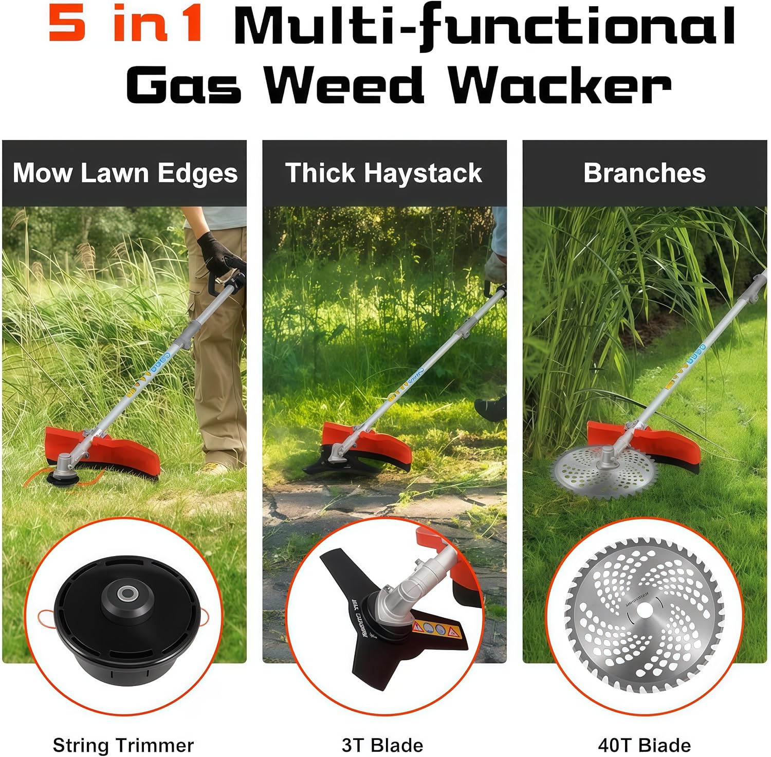 5 in 1 Gas Weed Eater - 52CC 2-Stroke Gas Weed Wacker Combo - Commercial Grade Hedge Trimming, String Trimmer, Brush Cutter, Edger, Pole Saw Pruner with Extension Pole with EPA Certification