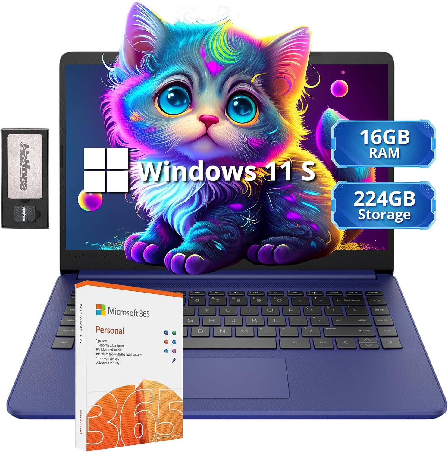 HP Stream 14' HD Lightweight Laptop, Intel Celeron N4120, 16GB RAM, 224GB Storage(64GB eMMC + 160GB Docking Station), Intel UHD Graphics, HD Webcam, 1 Year Office 365, WiFi, Bluetooth, Win 11s, Blue