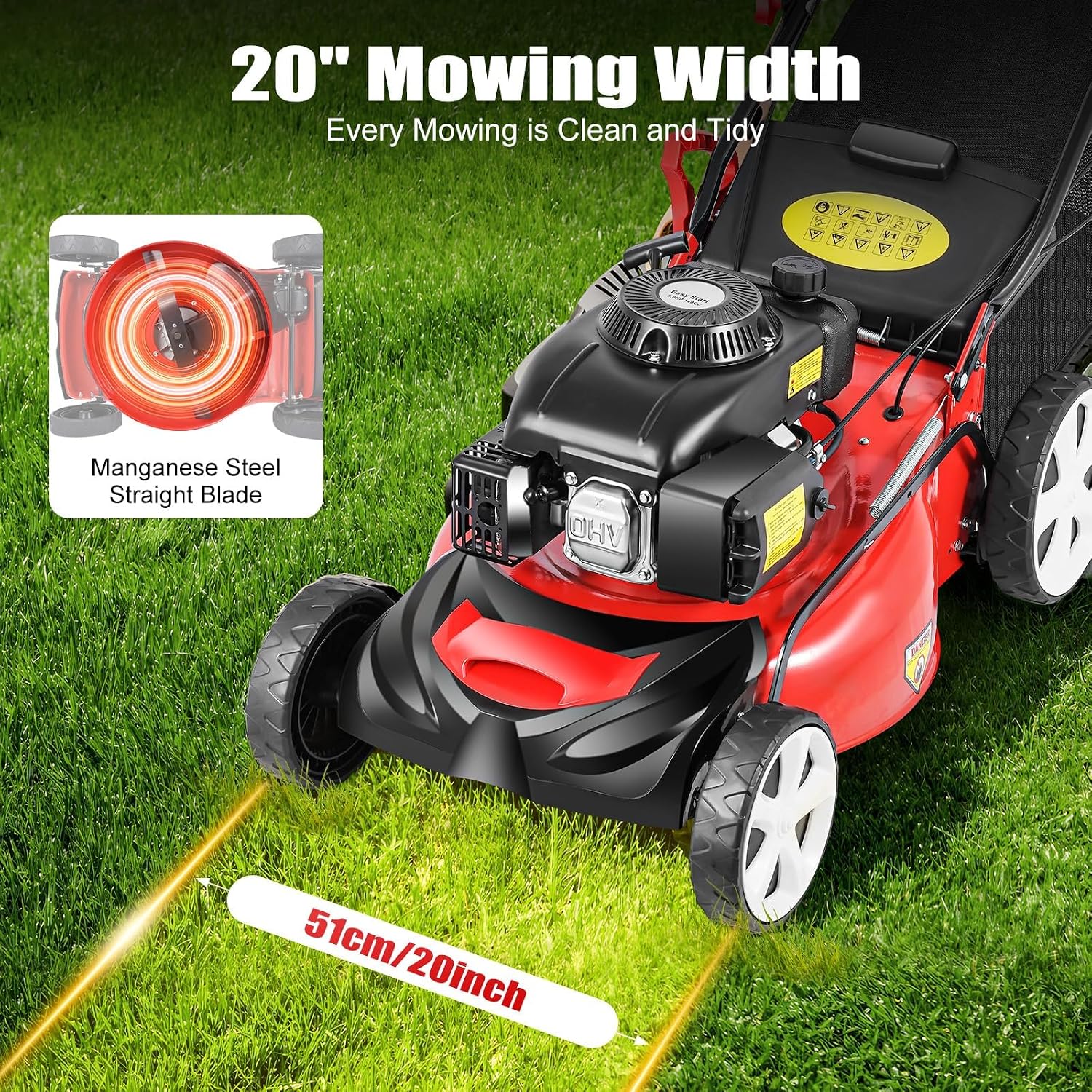 20 inch Gas Lawn Mower Self Propelled, 140cc 4-Stroke 5HP Engine Push Mower with Bagger, Walk-Behind Handle Lawnmower, 8 Position Height Adjustable for Community, Municipal Greening