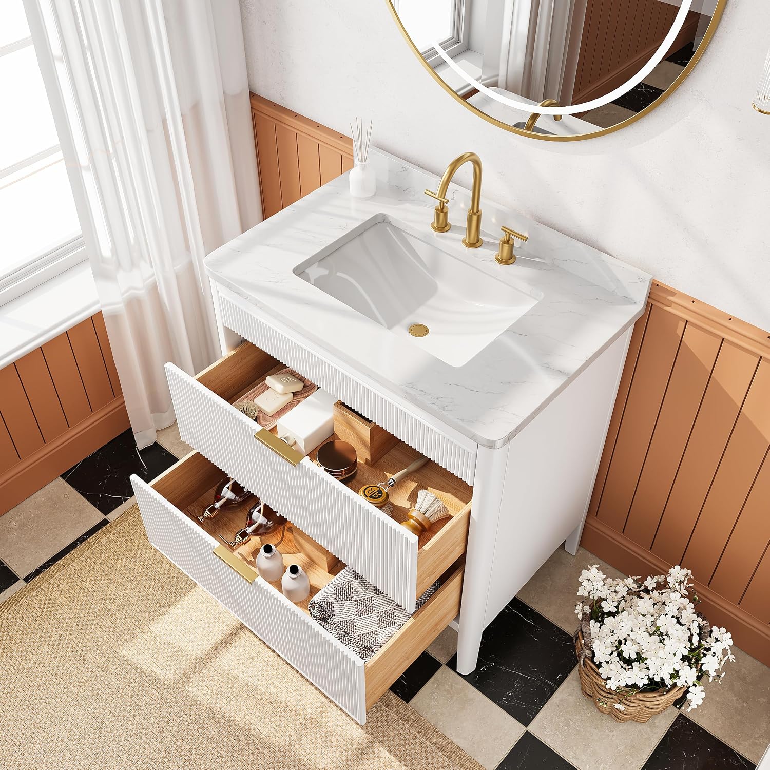 36-Inch Fully Assembled Freestanding Single Sink Bathroom Vanity, 2 Handle Sets (Silver/Gold), Engineered Carrara Marble Top & Solid Rubber Wood, White