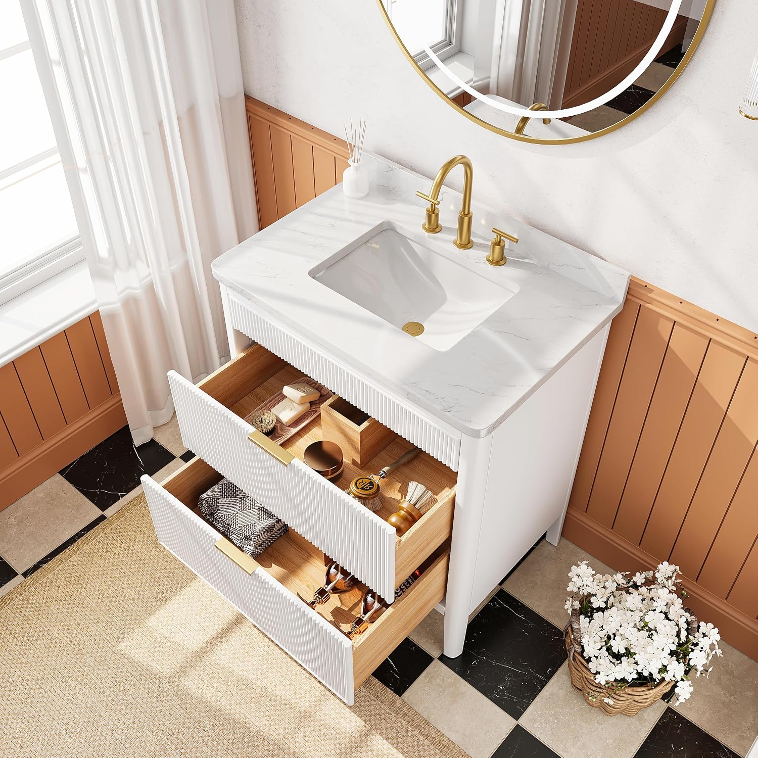 30-Inch Fully Assembled Freestanding Single Sink Bathroom Vanity, Solid Rubber Wood Cabinet with Engineered Carrara Marble Top & Backsplash, White