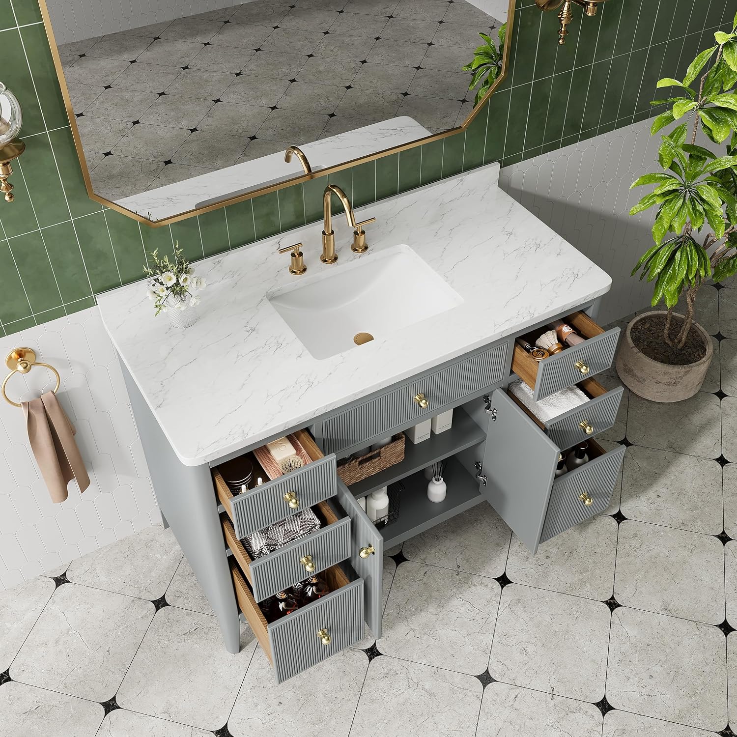 48' Grey American Design Bathroom Vanity with Engineered Marble Top - Solid Rubber Wood, 6 Drawers, 2 Soft Close Doors, White Square Sink - Freestanding Single Sink, Light Grey