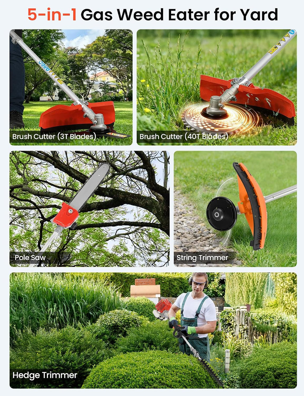 5 in 1 Gas Weed Eater - 52CC 2-Stroke Gas Weed Wacker Combo - Commercial Grade Hedge Trimming, String Trimmer, Brush Cutter, Edger, Pole Saw Pruner with Extension Pole with EPA Certification
