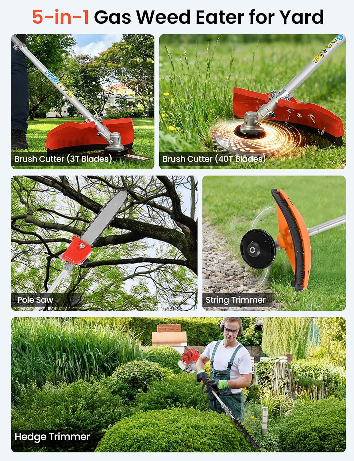 5 in 1 Gas Weed Eater - 52CC 2-Stroke Gas Weed Wacker Combo - Commercial Grade Hedge Trimming, String Trimmer, Brush Cutter, Edger, Pole Saw Pruner with Extension Pole with EPA Certification