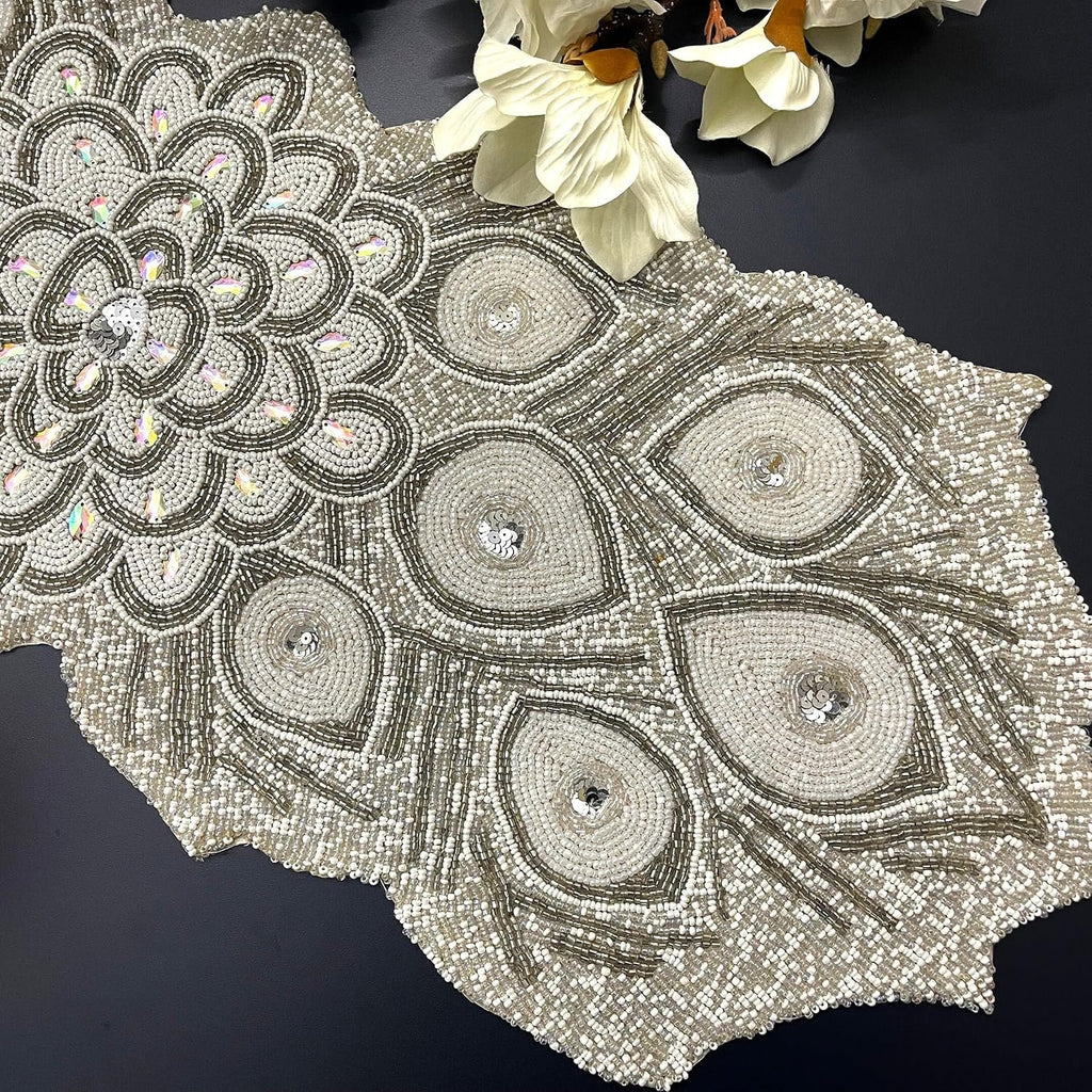 Enliven Handmade Beaded Table Runner, 13x36 Inches Lightweight Decorative Peacock Design Table Runner, Perfect For Dining/Wedding/Party/Everyday Use & Easy To Clean, Elegant Beaded Runner-White,Silver