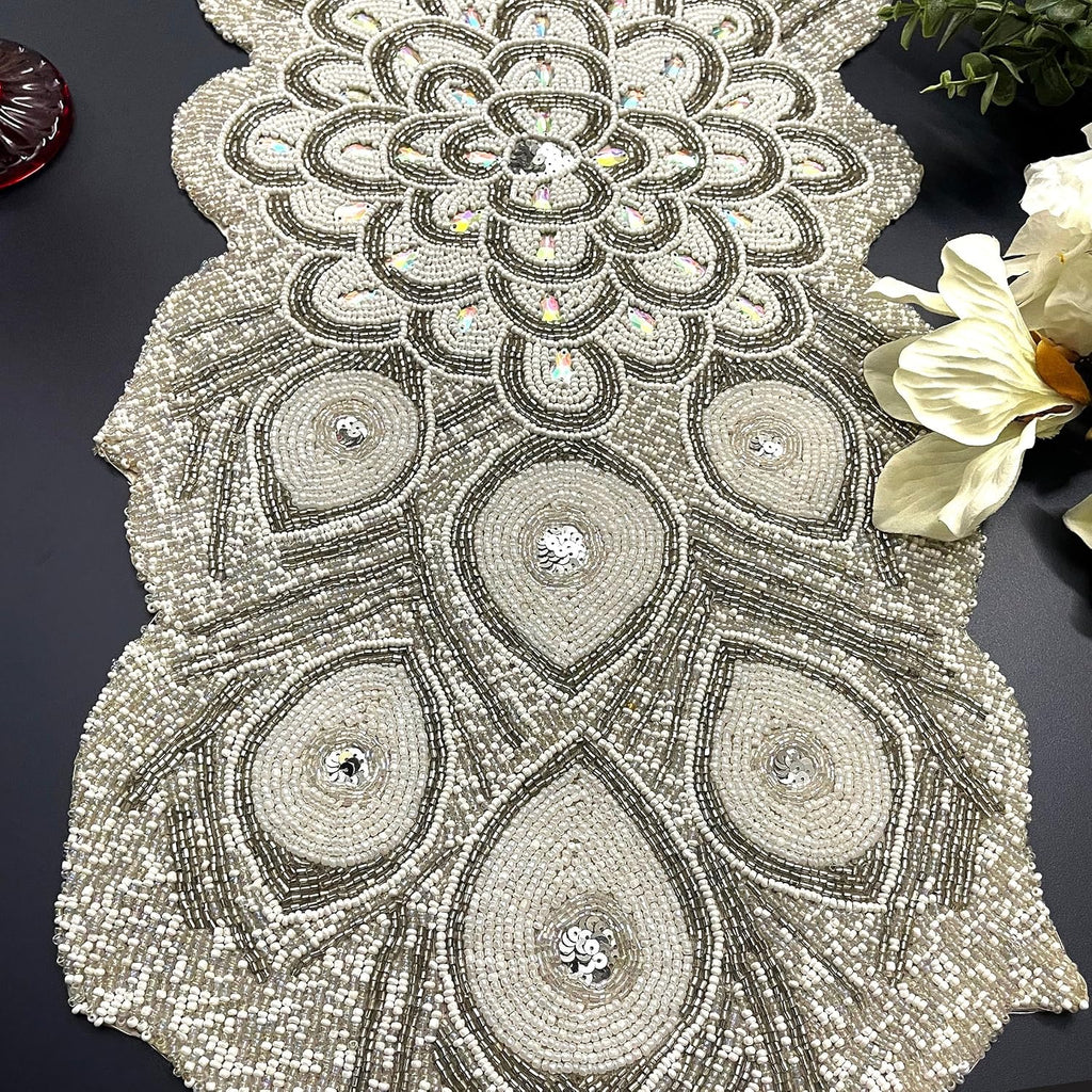 Enliven Handmade Beaded Table Runner, 13x36 Inches Lightweight Decorative Peacock Design Table Runner, Perfect For Dining/Wedding/Party/Everyday Use & Easy To Clean, Elegant Beaded Runner-White,Silver