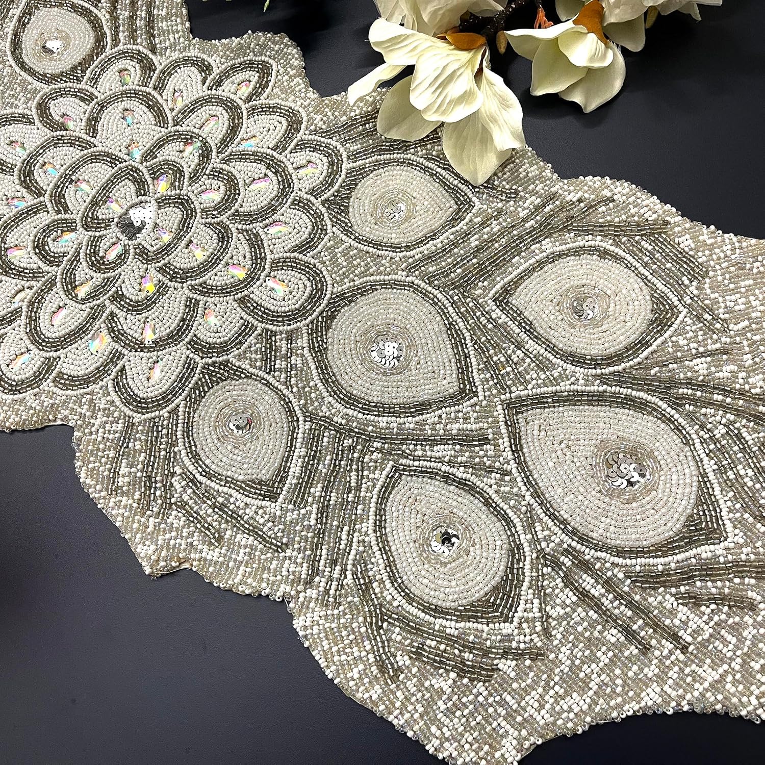 Enliven Handmade Beaded Table Runner, 13x36 Inches Lightweight Decorative Peacock Design Table Runner, Perfect For Dining/Wedding/Party/Everyday Use & Easy To Clean, Elegant Beaded Runner-White,Silver